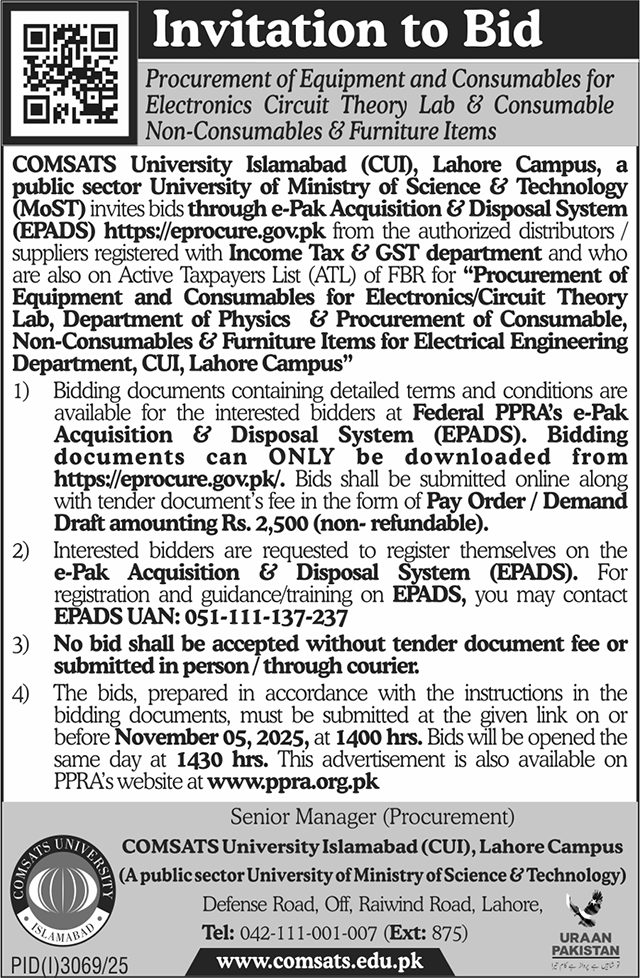 COMSATS University Islamabad Tender Notice